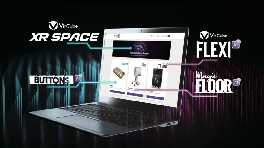 The content generation platform can automatically generate, manage and update interactive content for systems such as VirCube XR SPACE, VirCube FLEXI AI, BUTTONS AI and Magic FLOOR AI. The generated content can be managed and updated through the cloud. The system backend can establish an exclusive digital content library to ensure high utilization of hardware devices and prevent devices from being idle due to slow content updates.